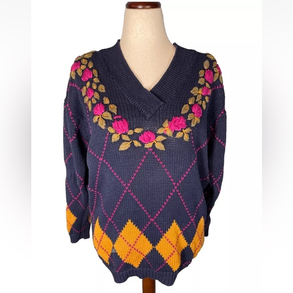 Vintage Princeton Club Embroidered Flowers Argyle Knit Cotton V Neck Sweater - Picture 1 of 6